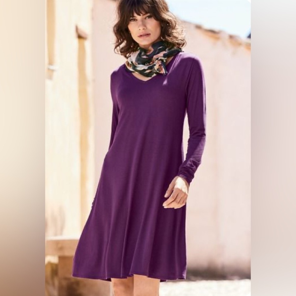 Peruvian Connection Long Sleeve V-Neck Stretch Jersey Dress - Purple - L